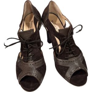 Vintage Taryn Rose Brown Leather & Suede Peep Toe Heels Italian - SZ 9 - 39.5